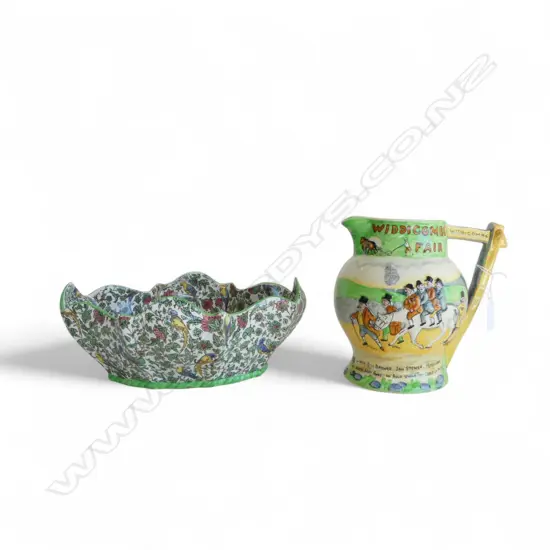 ROYAL DOULTON 'PERSIAN WARE' PARROT BOWL W.280mm + WIDDICOMBE FAIR MUSICAL JUG H.180mm