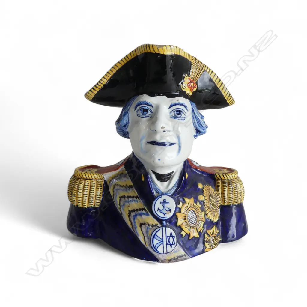 FRENCH FAIENCE CHARACTER JUG OF ADMIRAL HORATIO NELSON H.200mm some faults Image 1++
