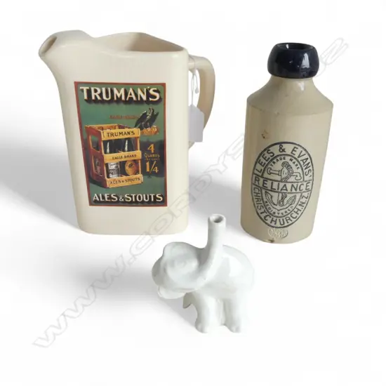 LEES & EVANS STONEWARE BOTTLE, TRUMAN'S ALE & STOUTS JUG + ANTIQUE PIE FUNNEL