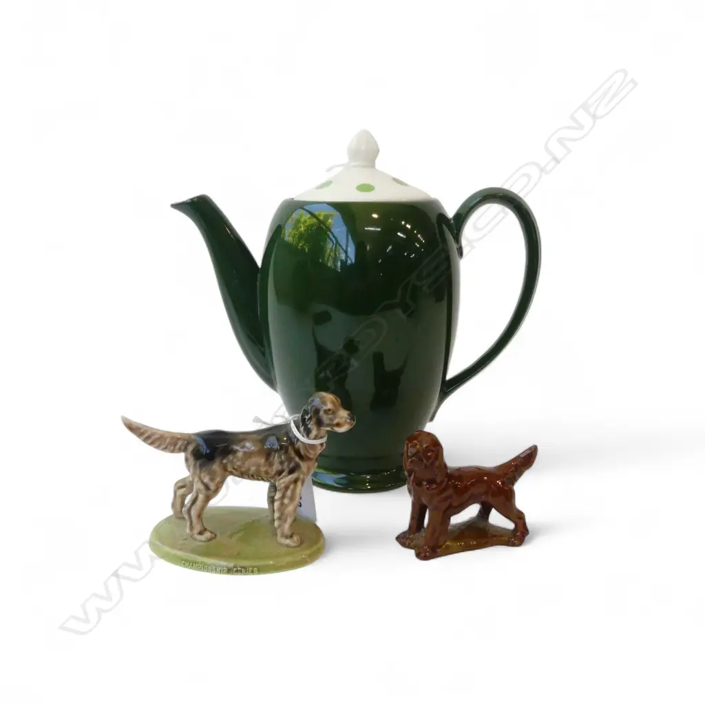 ROYAL WINTON GREEN POLKA DOT COFFEE POT + 2 DOG ORNAMENTS Image 1++