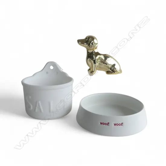MILK GLASS SALT BOWL, KEITH BRYMER JONES 'WOOF WOOF' DOG BOWL, GOLD DOG 