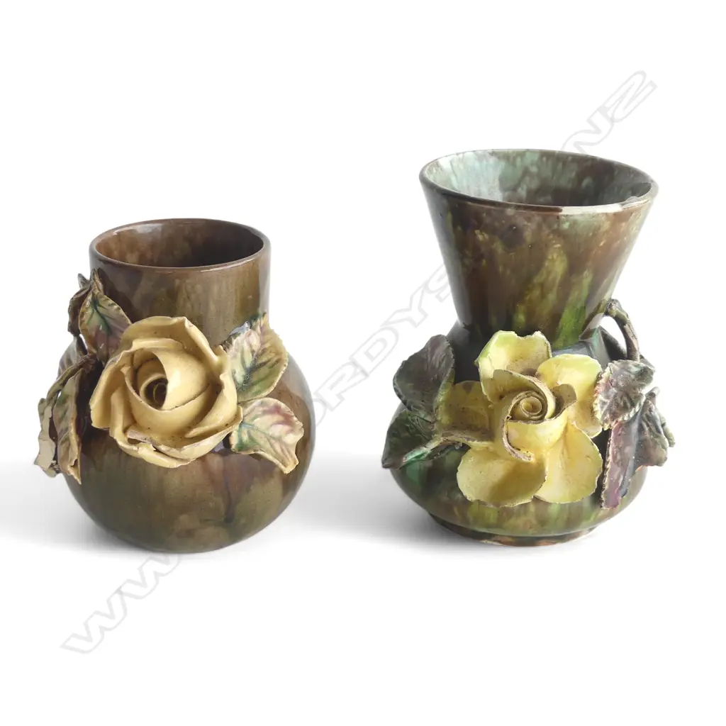 2 MAJOLICA VASES ATTRIBUTED TO MILTON POTTERIES unmarked, some losses H.120 & 100mm Image 1++