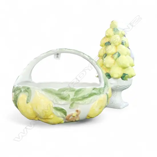 AN ITALIAN MAJOLICA DECORATIVE LEMON TOPIARY  440mm (h) TOGETHER WITH  A CAPODIMONTE LEMON  BASKET 265 X 330mm