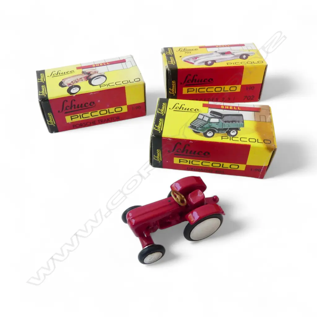 3 SCHUCO PICCOLO MODELS in original boxes; UNIMOG 401, MERCEDES 251, PORSCHE TRAKTOR Image 1++
