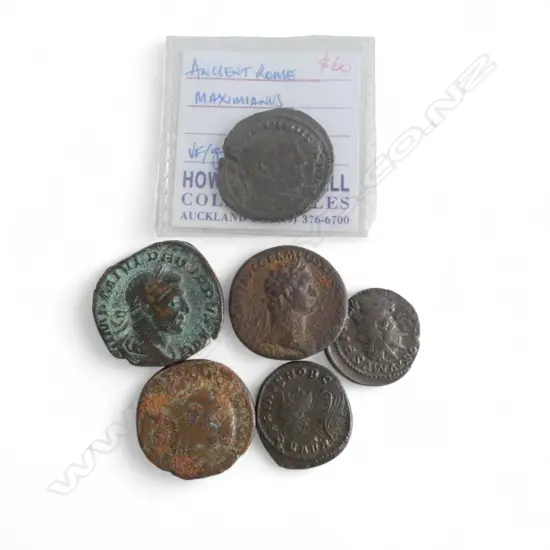 6 ROMAN COINS: AVGUSTVS - DOMITIAN - MAXIMIANVS - PHILIP I - POSTVMVS - CARINVS