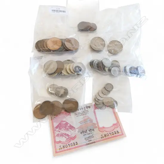 COLLECTION OF N.Z. & G.B. COINS + NEPAL 5 RUPEE NOTE