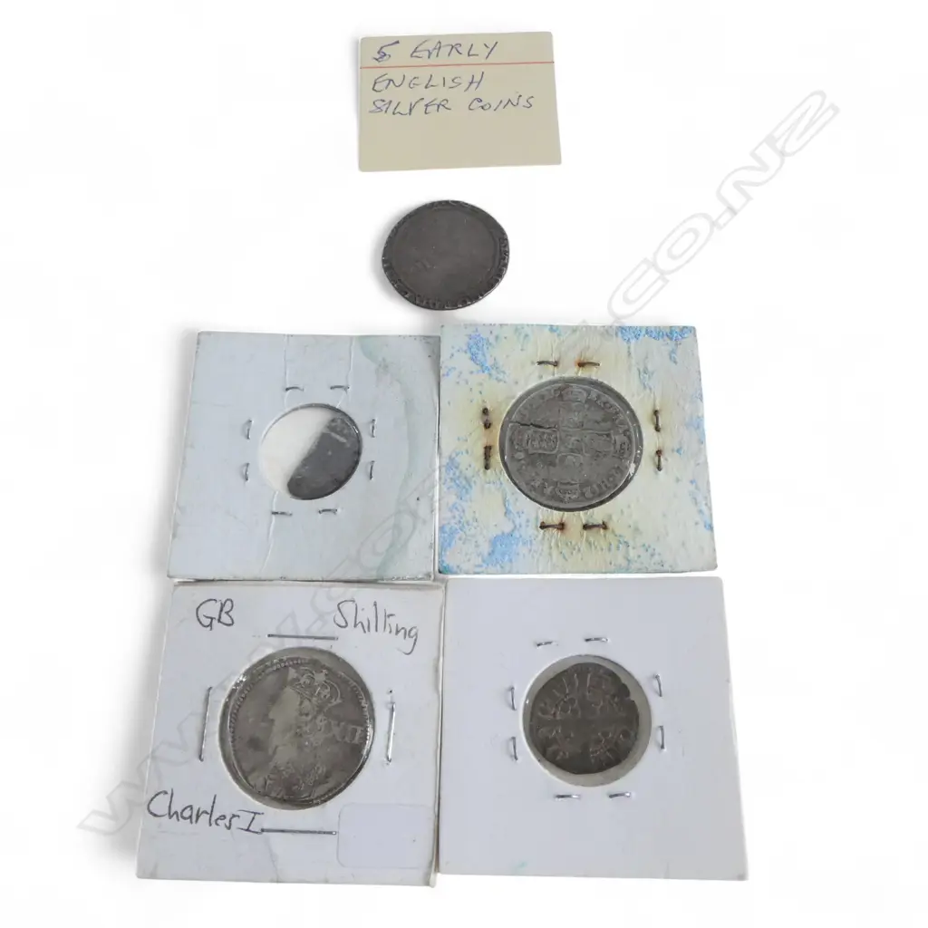 5 EARLY ENGLISH SILVER COINS: Charles I shilling + James II 1685 shilling + silver halfpenny etc Image 1++