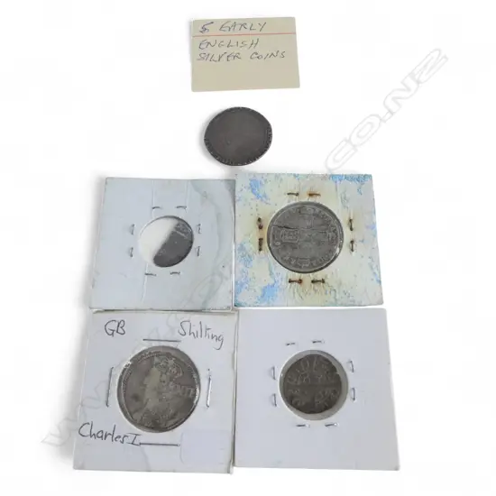 5 EARLY ENGLISH SILVER COINS: Charles I shilling + James II 1685 shilling + silver halfpenny etc