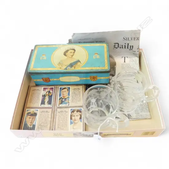 QEII JUBILEE & ’53 CORONATION ROYALTY ITEMS 50 CIGARETTE CARDS, TIN, NEWSPAPER, CRYSTAL TANKARDS 