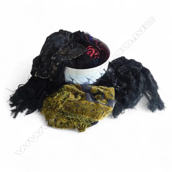 NINE VELVET AND FRINGED SCARVES - VARIOUS COLOURS - IN HATBOX