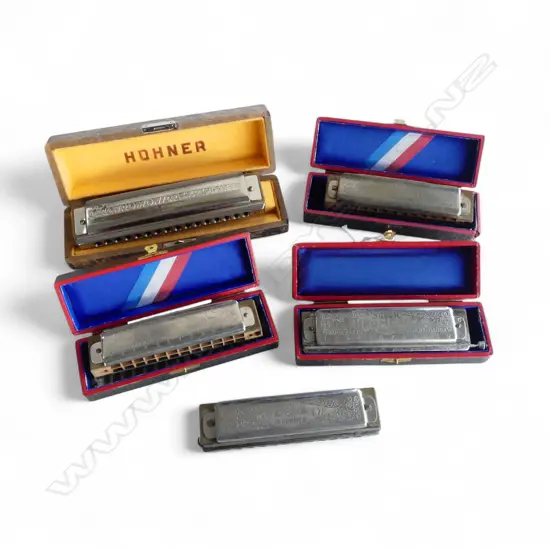 5 HOHNER HARMONICAS, 4 CASED