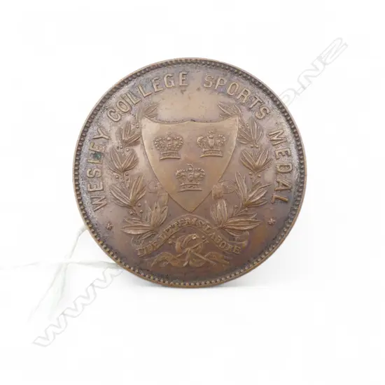 Bronze WESLEY COLLEGE SPORTS MEDAL engraved A. Black Cross Country Jr. Cricket Ball 1938. Dia.50mm