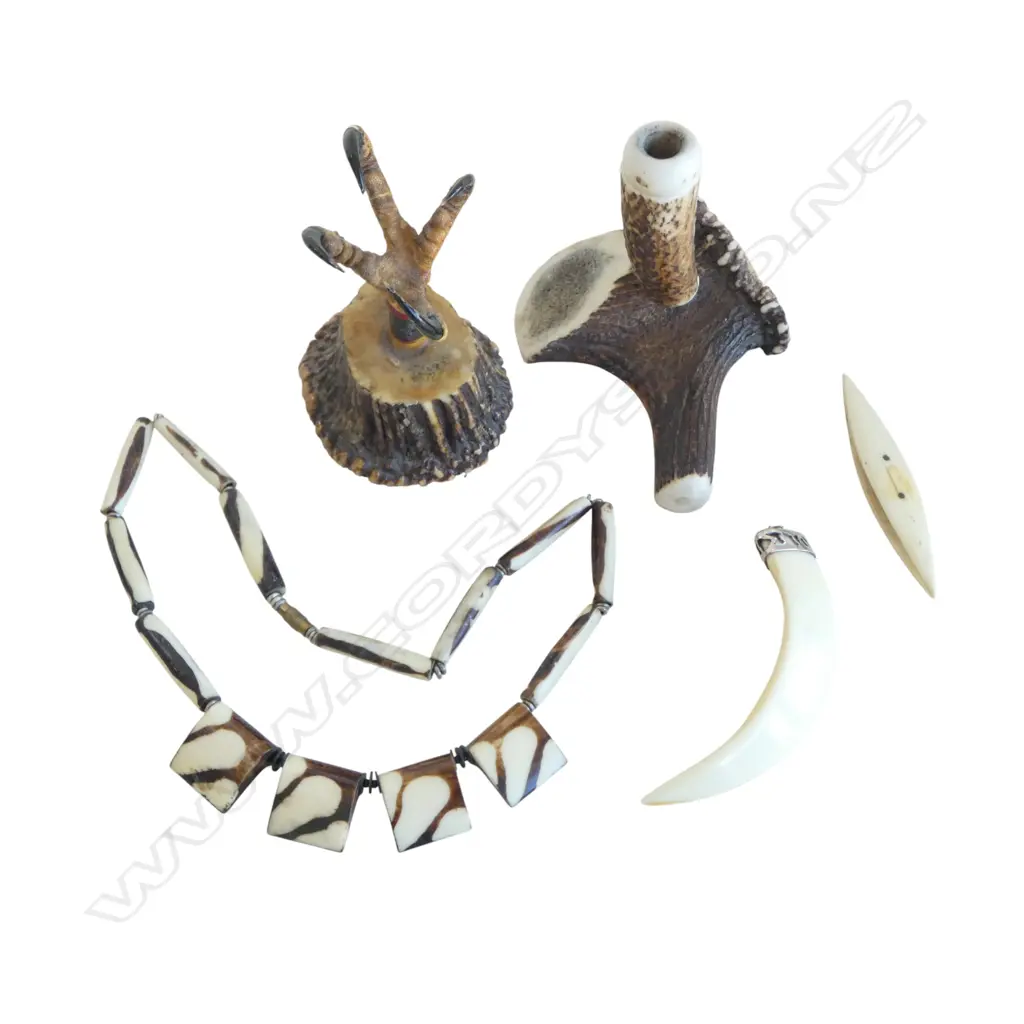 ASST. COLLECTABLES; 2 HORN PCES, NECKLACE, TUSK PENDANT & OTHER BONE Image 1++