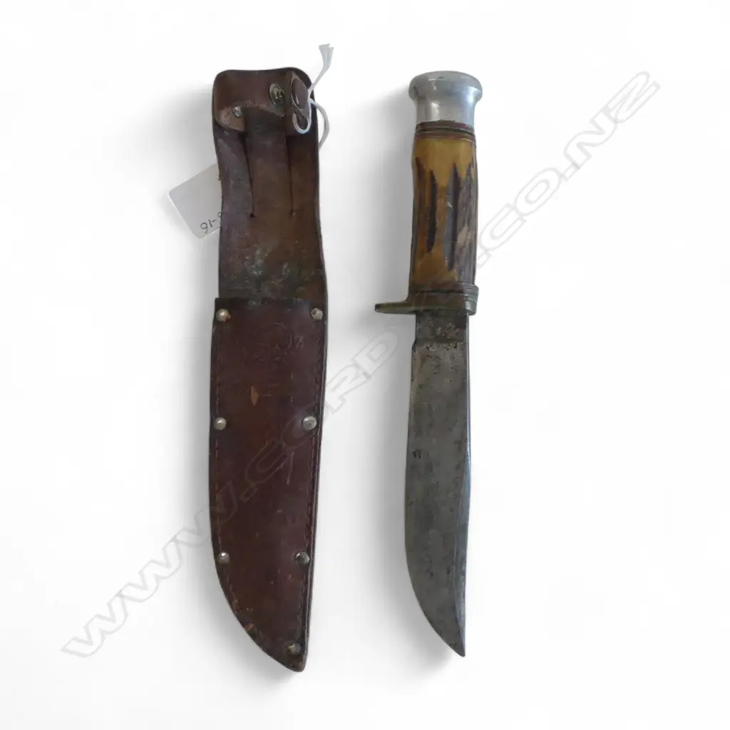 HUMPHREYS RADIANT SHEFFIELD KNIFE in leather sheath stamped 'N.Z. 1959' L.240mm Image 1++