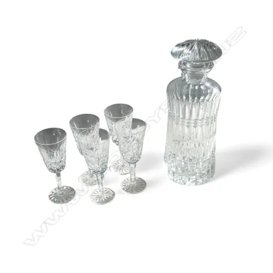 5 WATERFORD CUT CRYSTAL SHERRY GLASSES + CRYSTAL DECANTER H.260mm