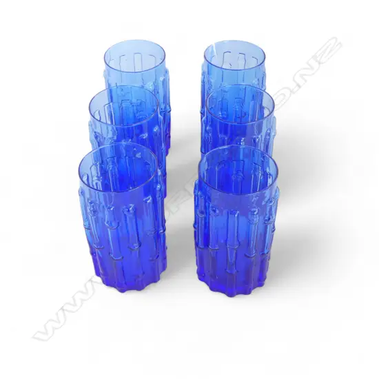 6 WATER GLASSES; BLUE BAMBOO DESIGN H.125mm