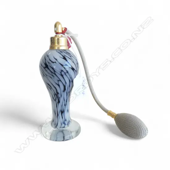 VINTAGE 'Jiona' West German BLACK & WHITE FLECKED GLASS IN CLEAR TALL ATOMISER PERFUME BOTTLE with puffer H.170mm