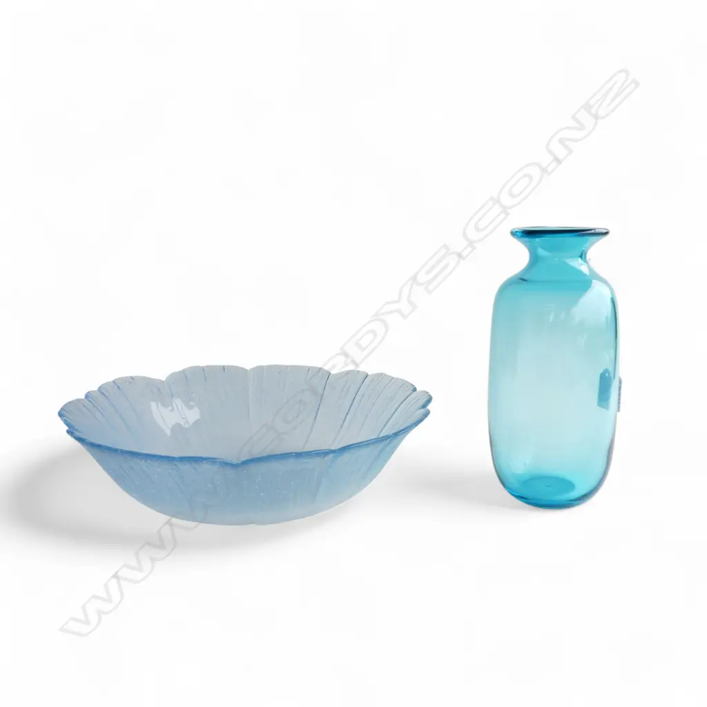 DAVID TRAUB BLUE ART GLASS VASE H.225mm SIGNED & DATED '04 + BOWL 315mm dia Image 1++