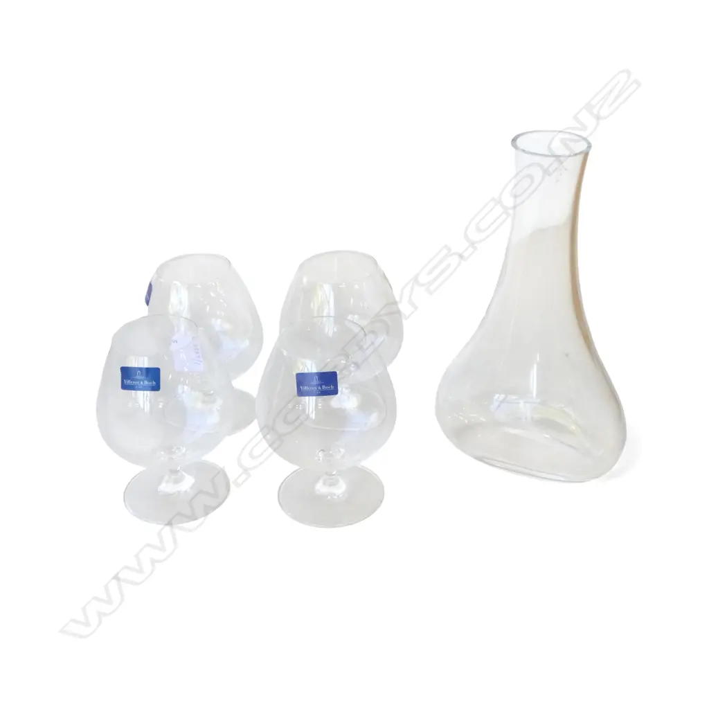 VILLEROY & BOCH DECANTER + 4 LG BRANDY BALLOONS, H.150 & 270mm STOPPER MISSING Image 1++