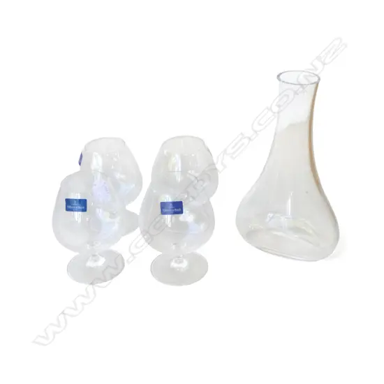 VILLEROY & BOCH DECANTER + 4 LG BRANDY BALLOONS, H.150 & 270mm STOPPER MISSING
