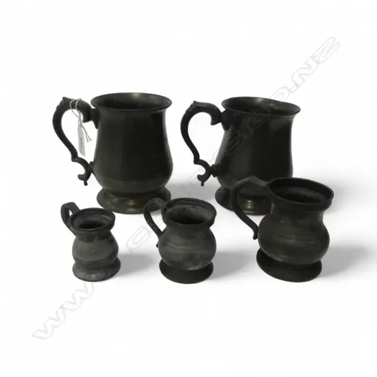 COLLECTION OF 5  ANTIQUE PEWTER MUGS H120MM TALLEST 50MM SMALLEST