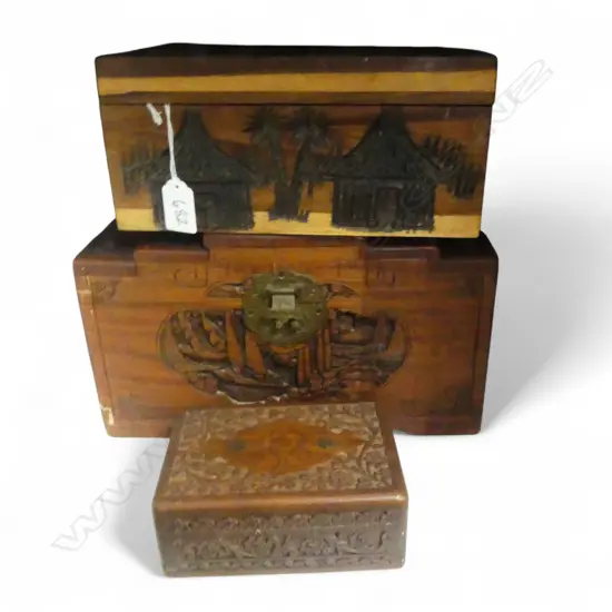 3 CARVED WOOD BOXES CAMPHOR L300 AFRICAN  L245 & INDIAN L150MM