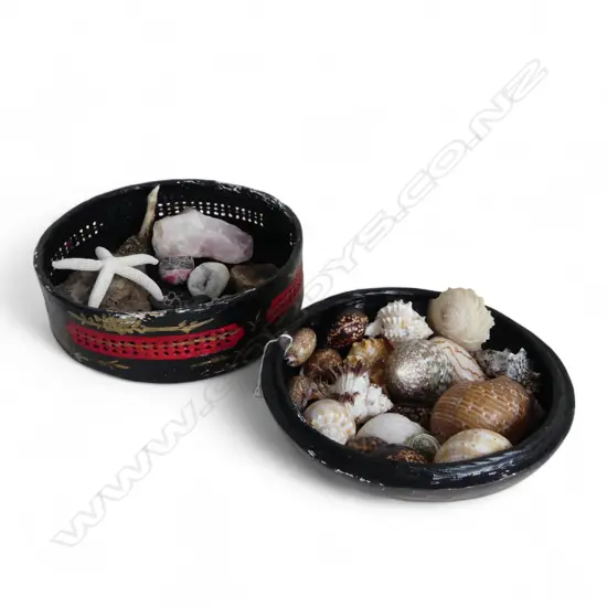 2 WOVEN BASKETS w. SHELLS & GEMSTONES ETC