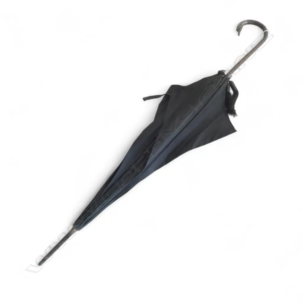 ANTIQUE BLACK FABRIC PARASOL w. STG SILVER BIRD HEAD HANDLE, LONDON 1911 L.915mm Image 1++