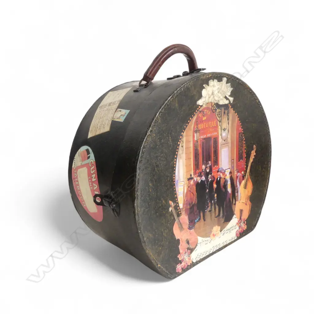 VINTAGE HAT BOX w. DECOUPAGE DECORATION W.310mm Image 1++
