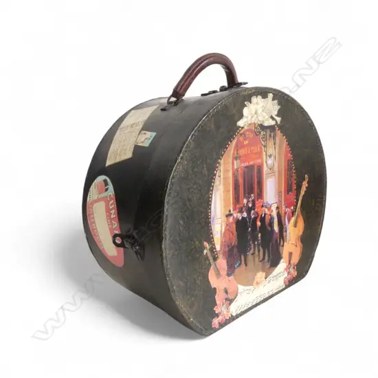 VINTAGE HAT BOX w. DECOUPAGE DECORATION W.310mm