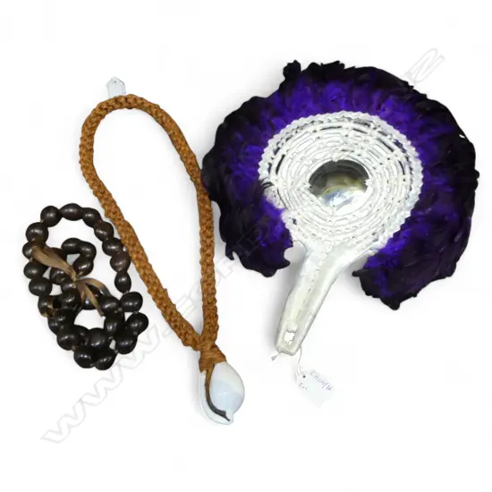 COOK ISLANDS FEATHER FAN + 2 FIJIAN NECKLACES