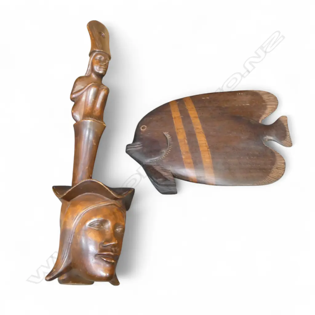 VINTAGE CARVED WOOD FISH L280MM & FIGURAL CARVED LADLE L460MM Image 1++
