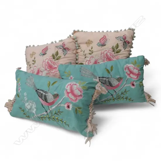 4 EMBROIDERED CUSHIONS 2 blue 2 pink. Birds + butterflies + florals