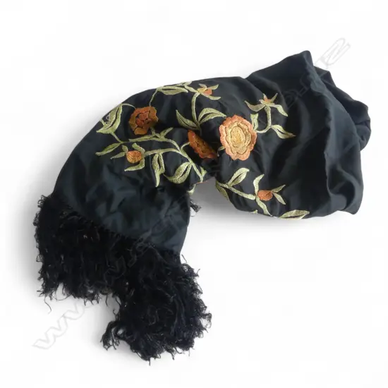 VINTAGE BLACK SHAWL with coloured silk floral embroidery & tassel fringe  