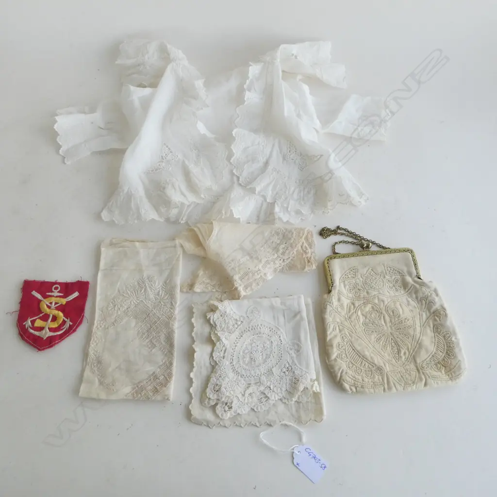 3 old CHILDREN'S GOWNS + lace trimmed handkerchiefs + embroidered handbag Image 1++