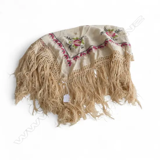 FINE SILK EMBROIDED SCARF with tassel fringe. Some distress