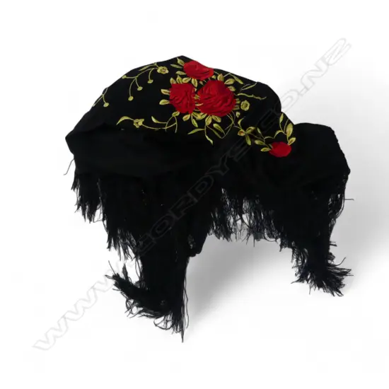 VINTAGE BLACK SHAWL with coloured silk floral embroidery & tassel fringe  