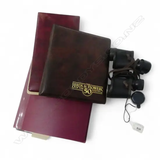 3 ALBUMS; STAMPS, FDCs, BANK NOTES + PR BINOCULARS