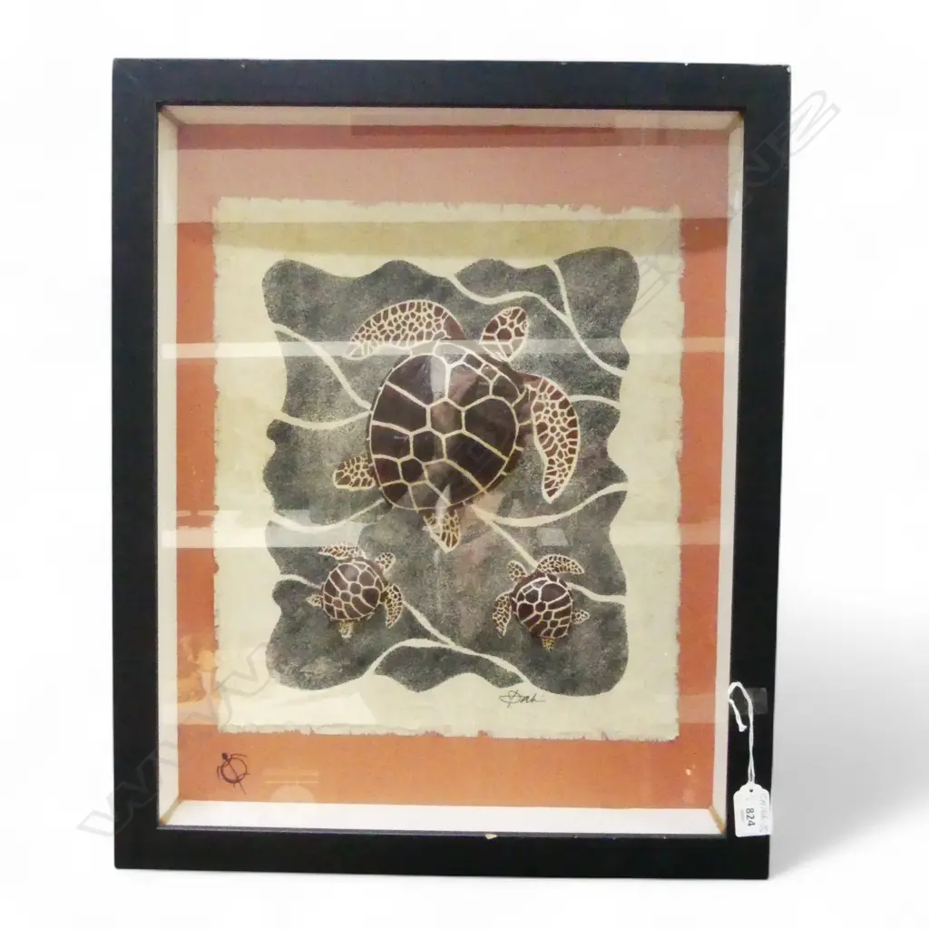 KALONI DESIGN 3D TAPA OF 3 TURTLES. 400 X 330mm. Framed. Signed. Labelled verso Image 1++