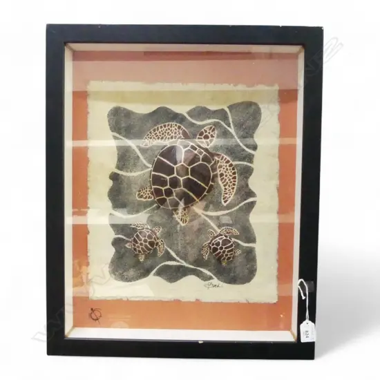 KALONI DESIGN 3D TAPA OF 3 TURTLES. 400 X 330mm. Framed. Signed. Labelled verso
