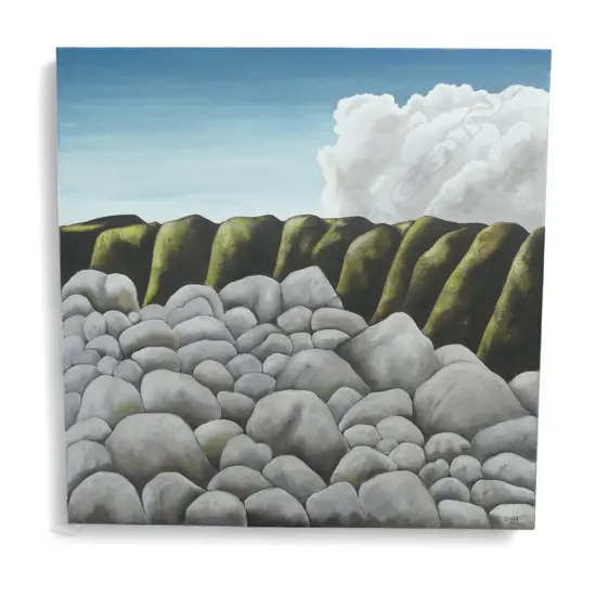 ROCKY LANDSCAPE, ACRYLIC ON CANVAS, SIGNED JON LEES, 760 X 760MM