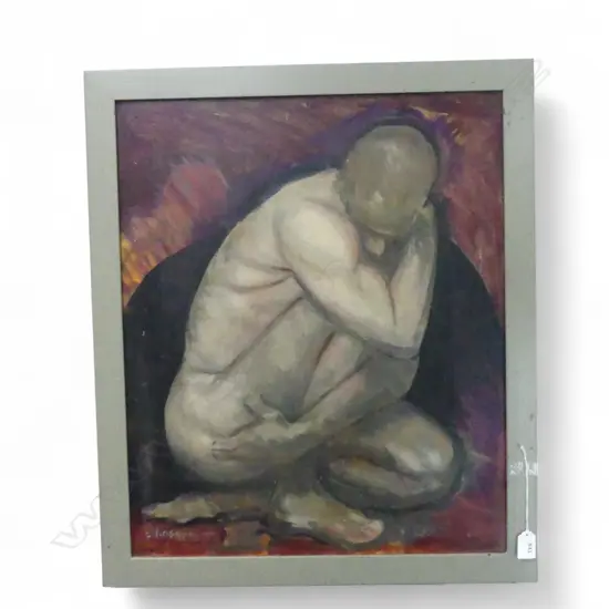 CHARLES ROSE (1921-2017), CROUCHING MALE NUDE, OIL ON CANVAS 590x485mm, SIGNED