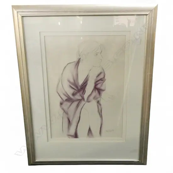 CECILIA RUSSELL, WOMAN IN PURPLE ROBE, PENCIL & CRAYON ON PAPER 570x400mm SIGNED & DATED '98