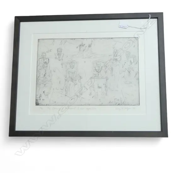 MARY MCINTYRE 'THE OPENING OF PARLIAMENT: A KIWI APPARITION' ETCHING 22/50 '84 290x400mm 