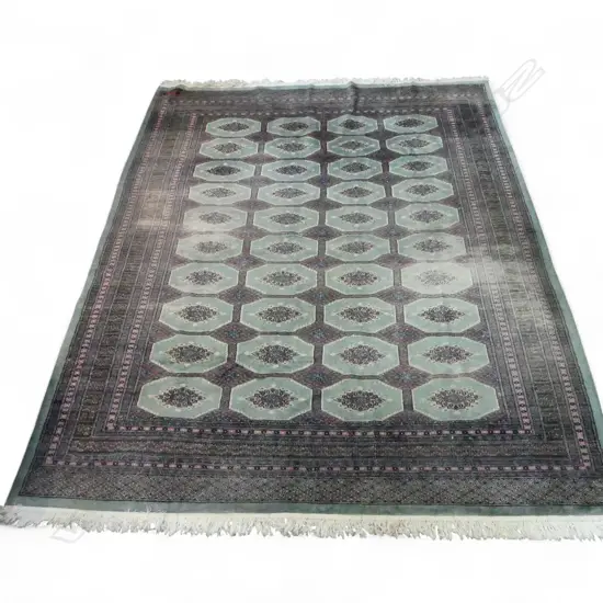 LG HAND KNOTTED WOOL PILE RUG; CELADON GROUND 2850x2230mm, some wear