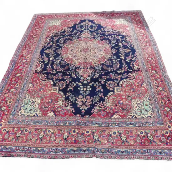 Very large Persian Kashan hand knotted carpet w curvilinear design. Red & red tones. 3950 x 2930mm. 1 small 7cm cut like fault