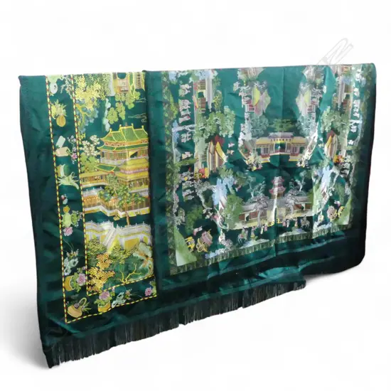 2 CHINESE FRINGED SQUARE TABLE CLOTHS, GREEN BROCADE FABRIC 1400x1400mm