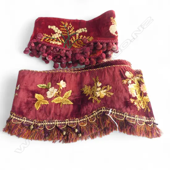 TWO VICTORIAN VELVET AND EMBROIDERED MANTELPIECE FRINGES L.2500mm