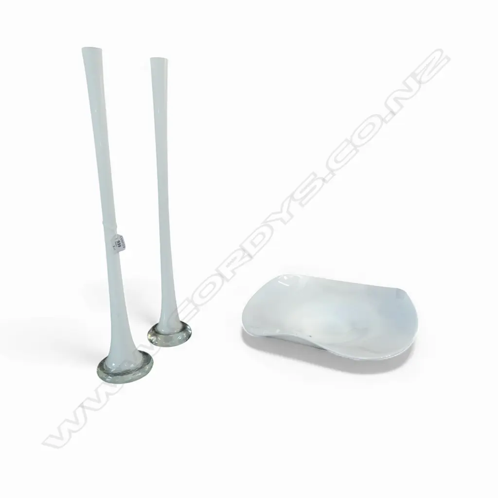 2 TALL MILK GLASS SPIECERMAN VASES H600MM & MILK GLASS BOWL DIA400MM Image 1++