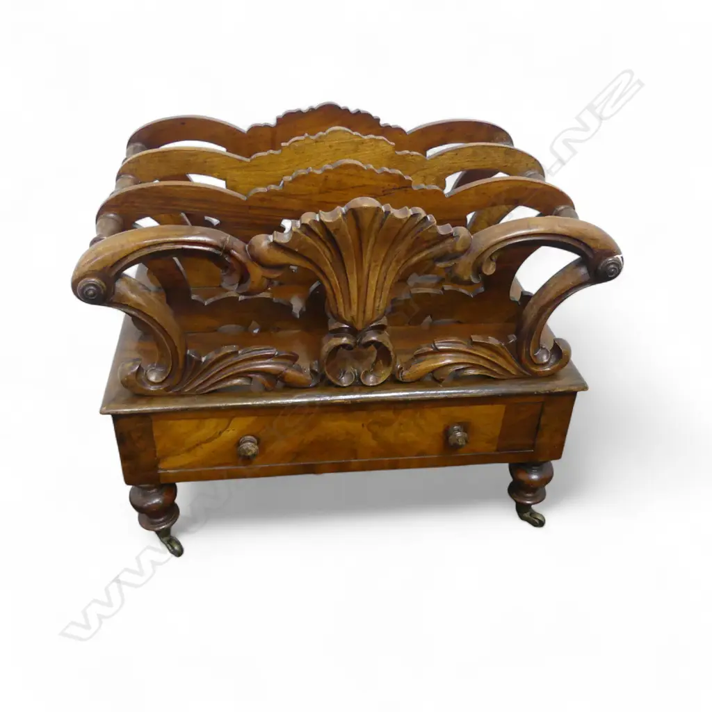 VICTORIAN MAHOGANY CANTERBURY on casters with drawer 530x390x465mm Image 1++